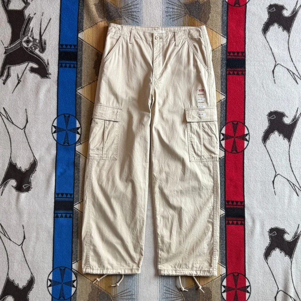 Levis 94 Baggy Cargo Pants Mens 29x30 Tan Khaki Wide Leg Drawstring Hem New